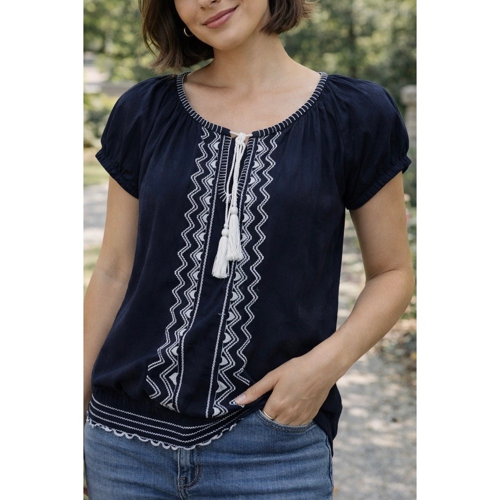 Banana Republic Womens Boho Embroidered Blouse Navy Small Tassel Smocked Top - Picture 1 of 6
